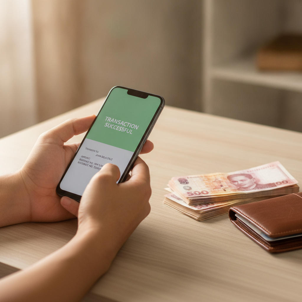 Person checking mobile casino withdrawal on smartphone with peso cash